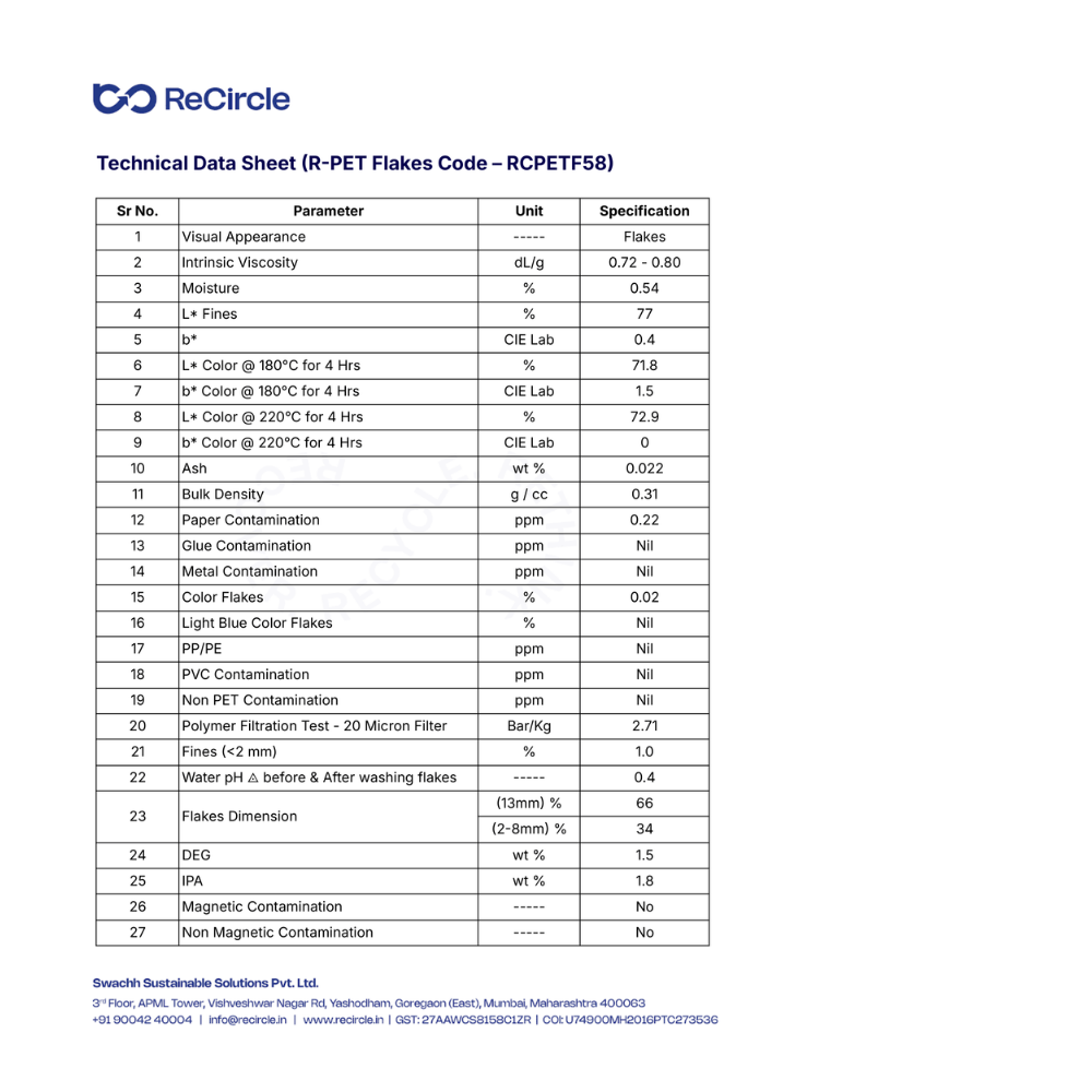 rpet Flakes ReCircle tech data sheet